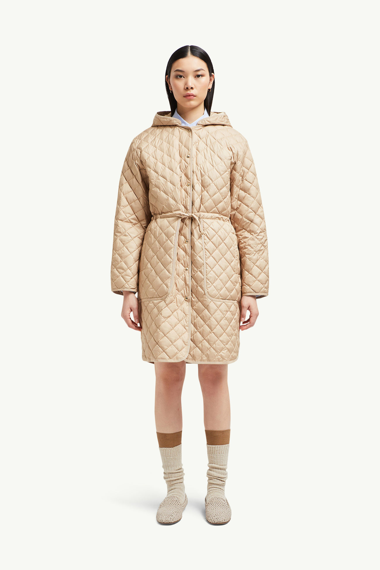 Etelan 후드 다이아몬드 퀼팅 롱 다운 재킷 여성 베이지 Moncler 3