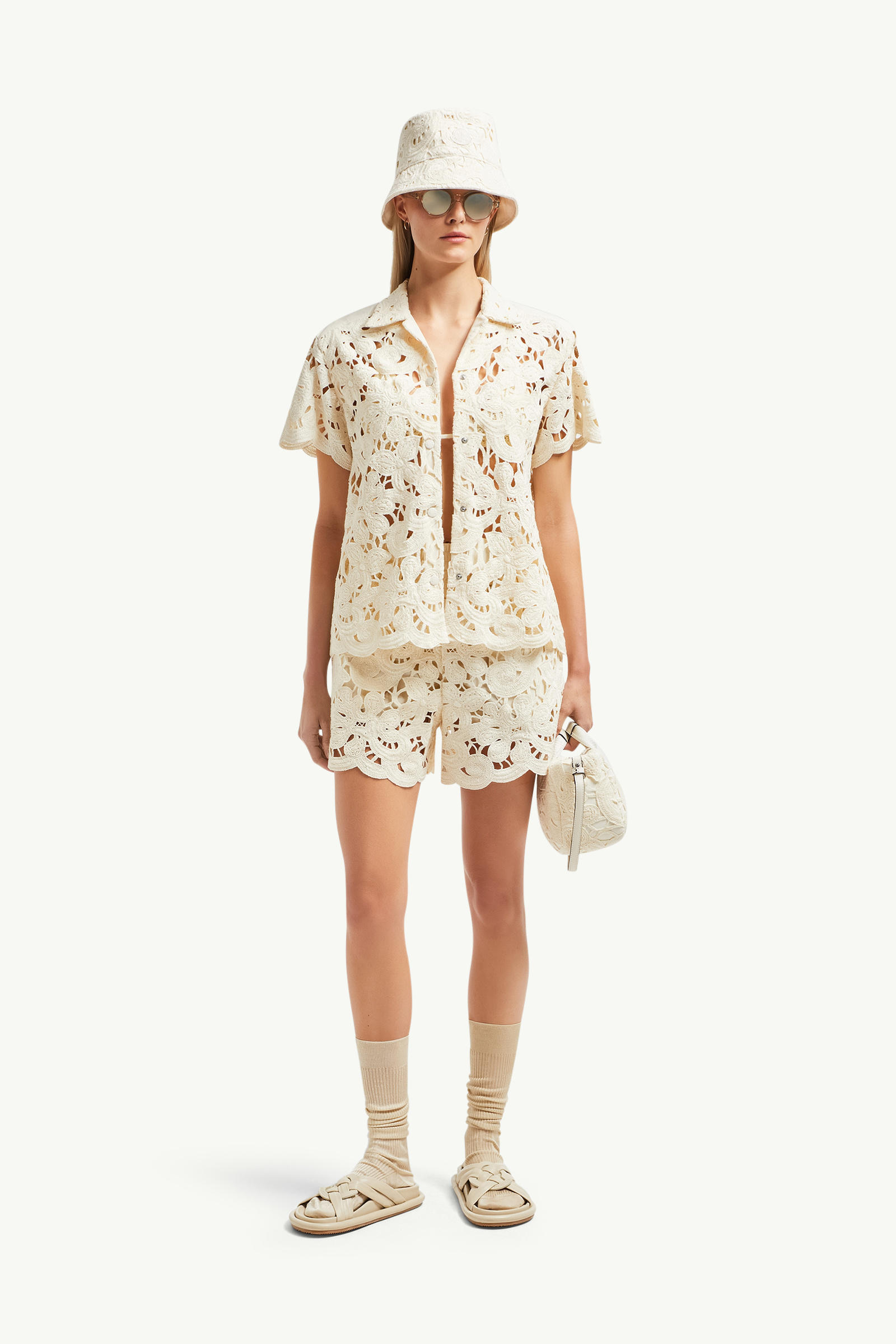 Floral Macramé Shorts Women White Ivory Moncler 0