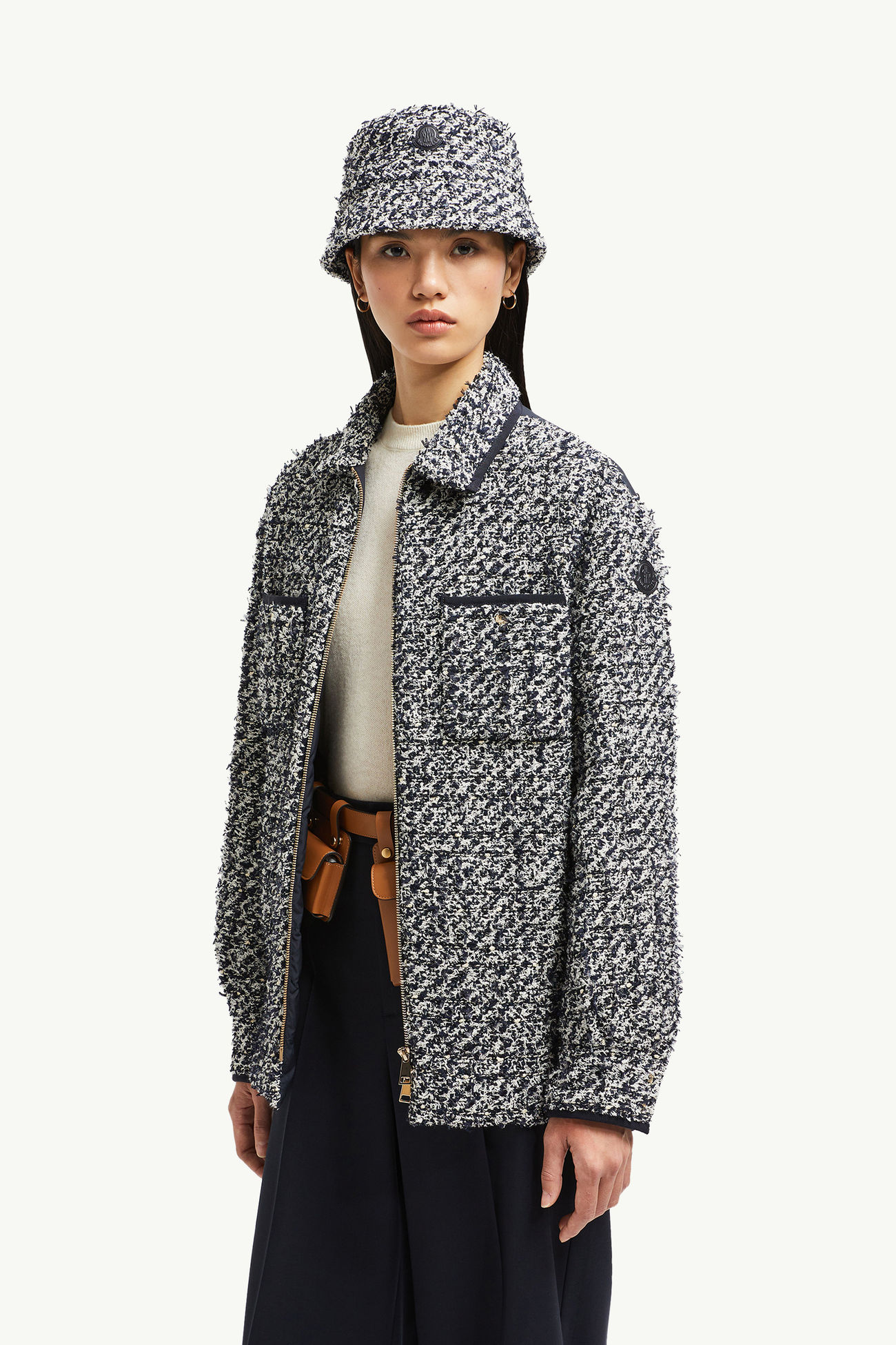 Daunen-Hemdjacke aus Tweed Damen Blau & Weiss Moncler 0