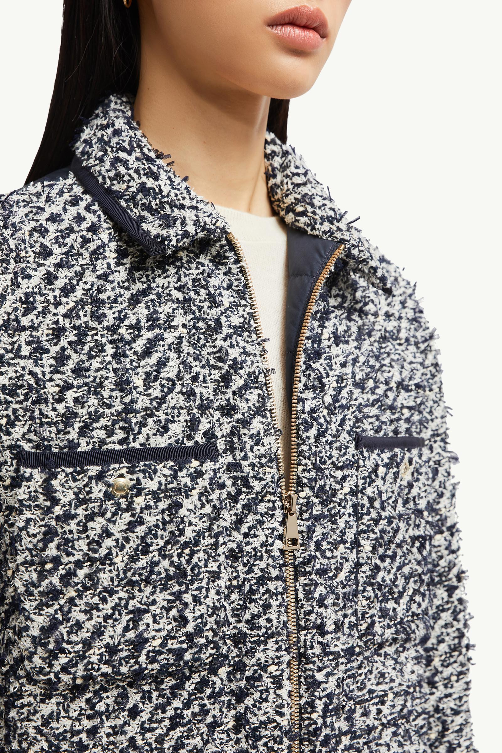 Blue & White Tweed Down Shirt Jacket - Tops & T-shirts for