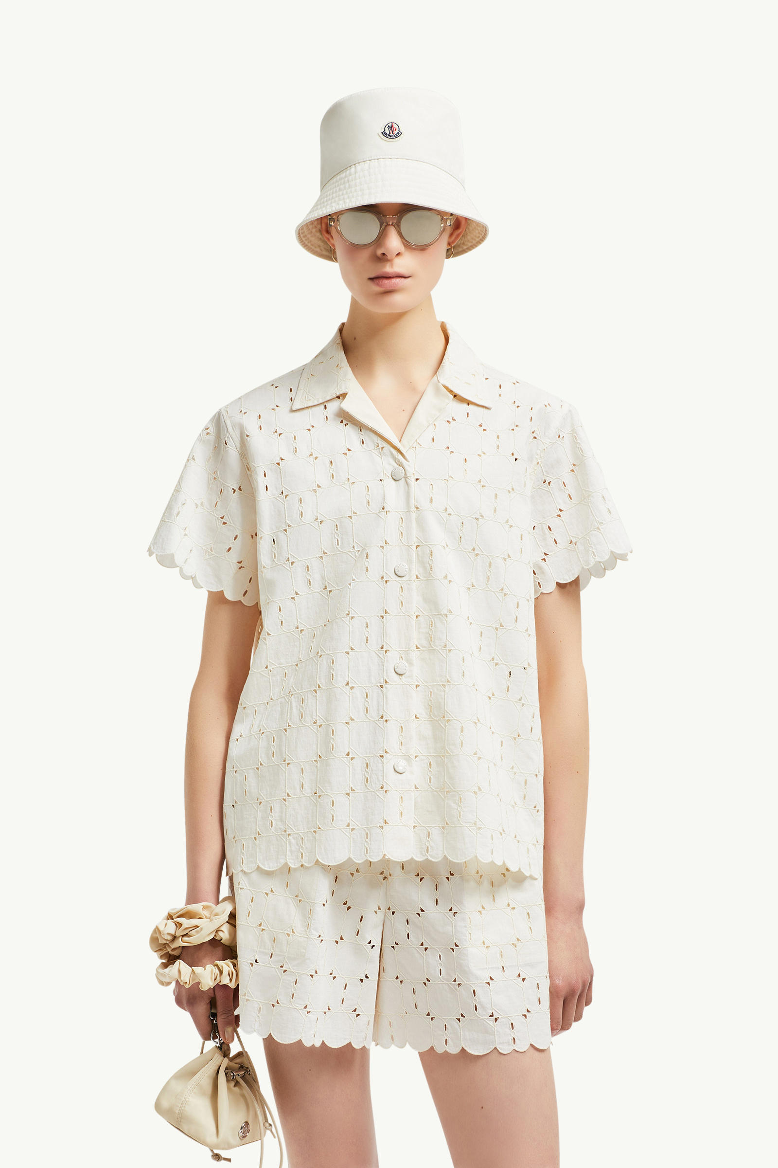 Camisa de manga corta con bordado inglés Mujer Blanco Moncler 0