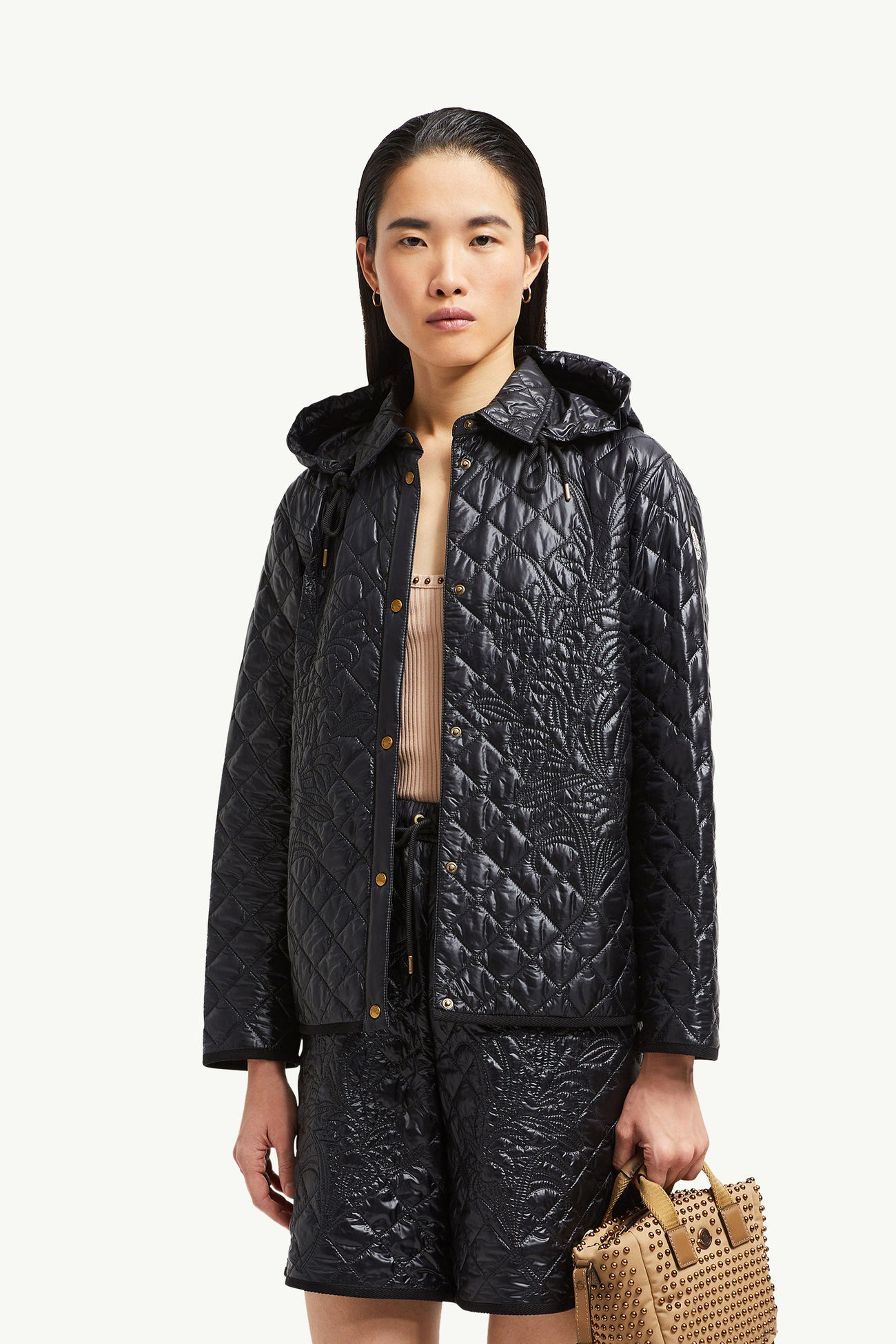 Surchemise à capuche et matelassage floral Femmes Noir Moncler 0