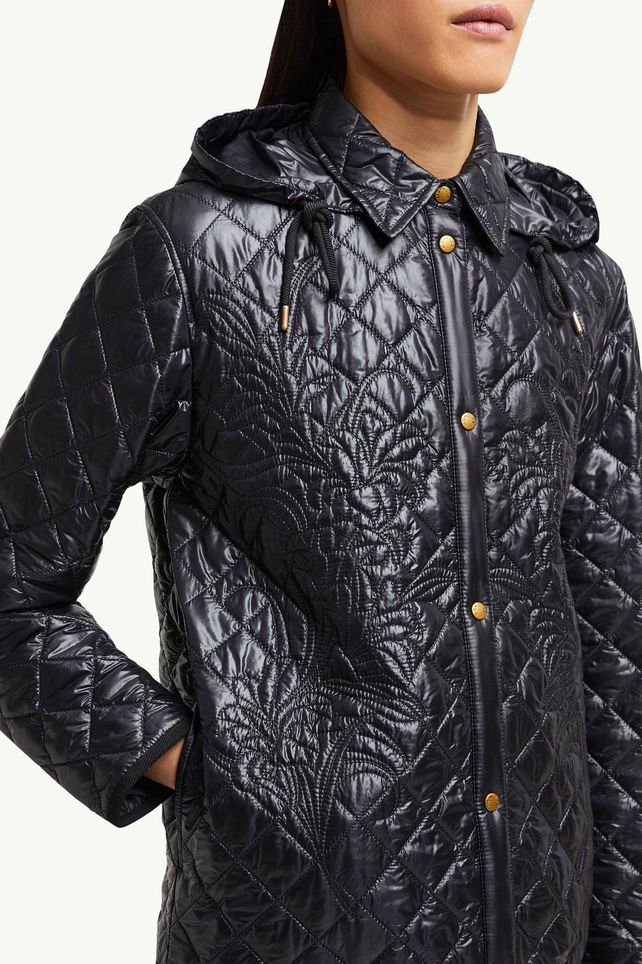 Floral-Quilted Hooded Shirt Jacket Women Black Moncler 5