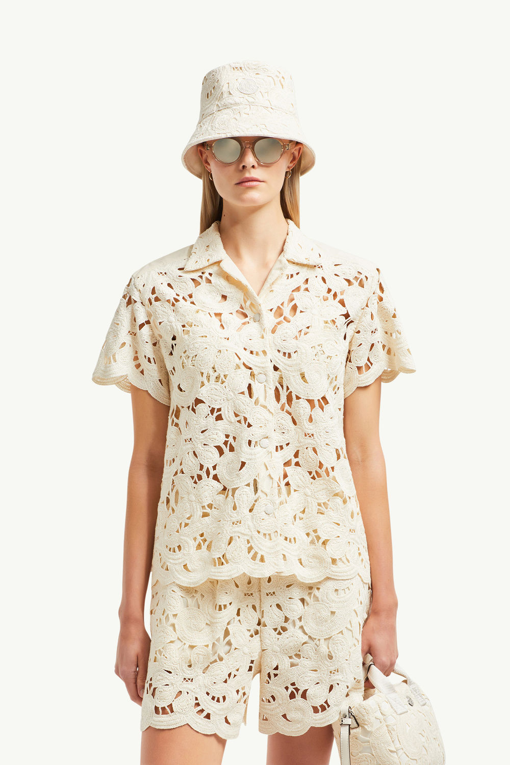 Floral Macramé Short Sleeve Shirt Women White Ivory Moncler 0