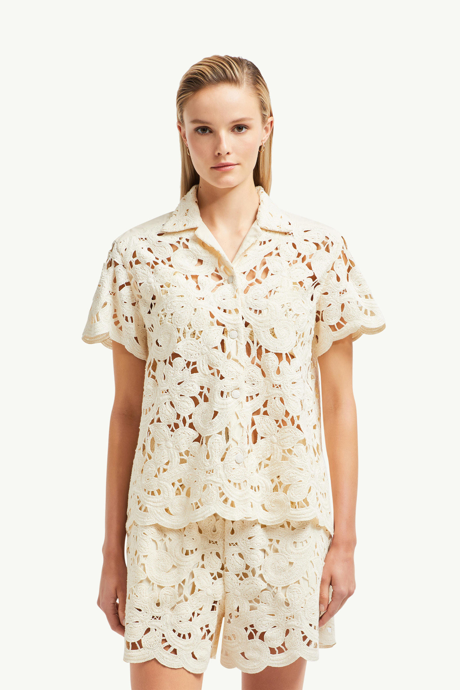 Camicia a maniche corte con fiori in macramé Donna Bianco Avorio Moncler 3