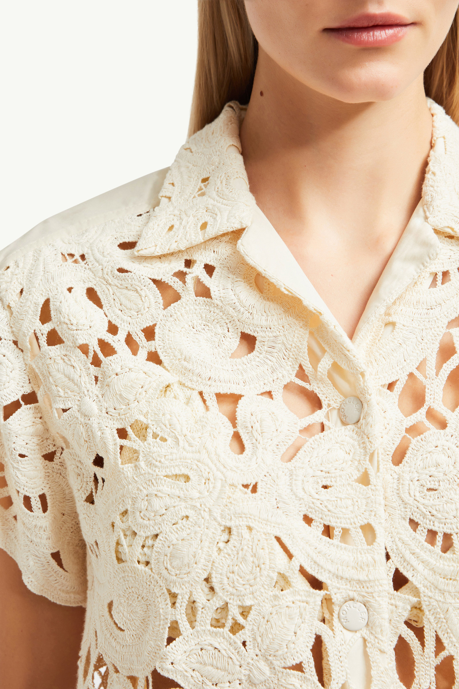 Camicia a maniche corte con fiori in macramé Donna Bianco Avorio Moncler 5