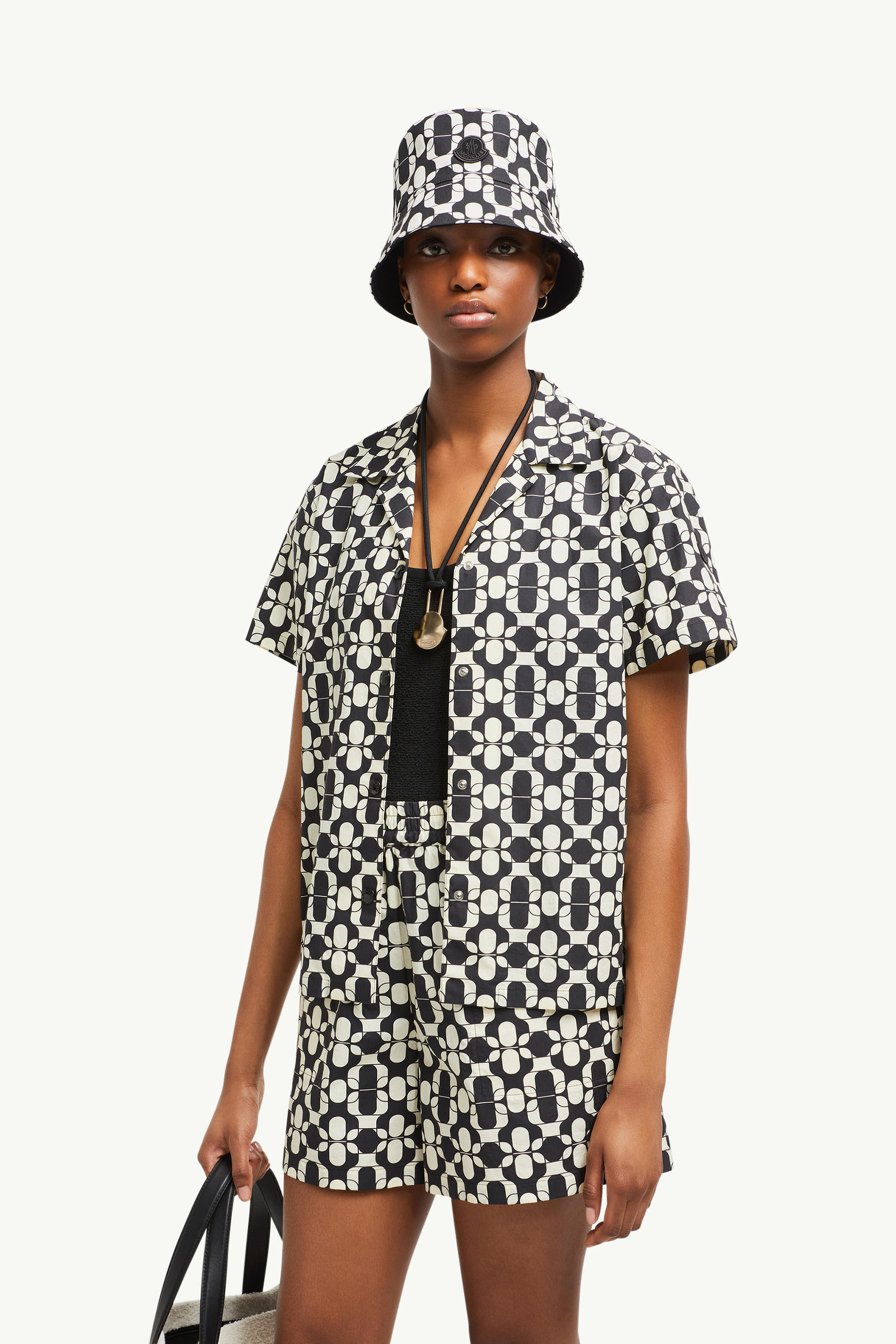 Camisa de manga corta de algodón con estampado geométrico Mujer Azul & Blanco Moncler 0