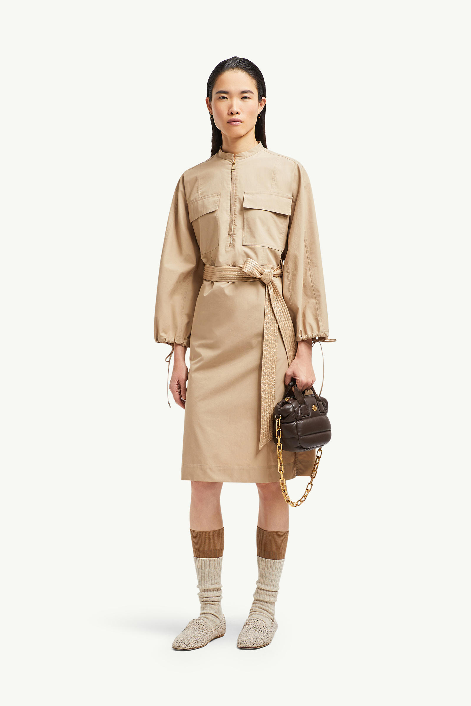 Belted Poplin Midi Dress Women Beige Moncler 0