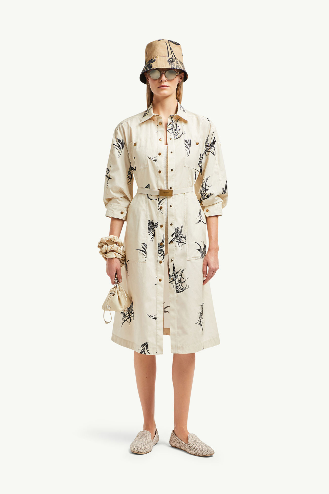 Vestido camisero de algodón con estampado floral Mujer Beige Claro Moncler 0