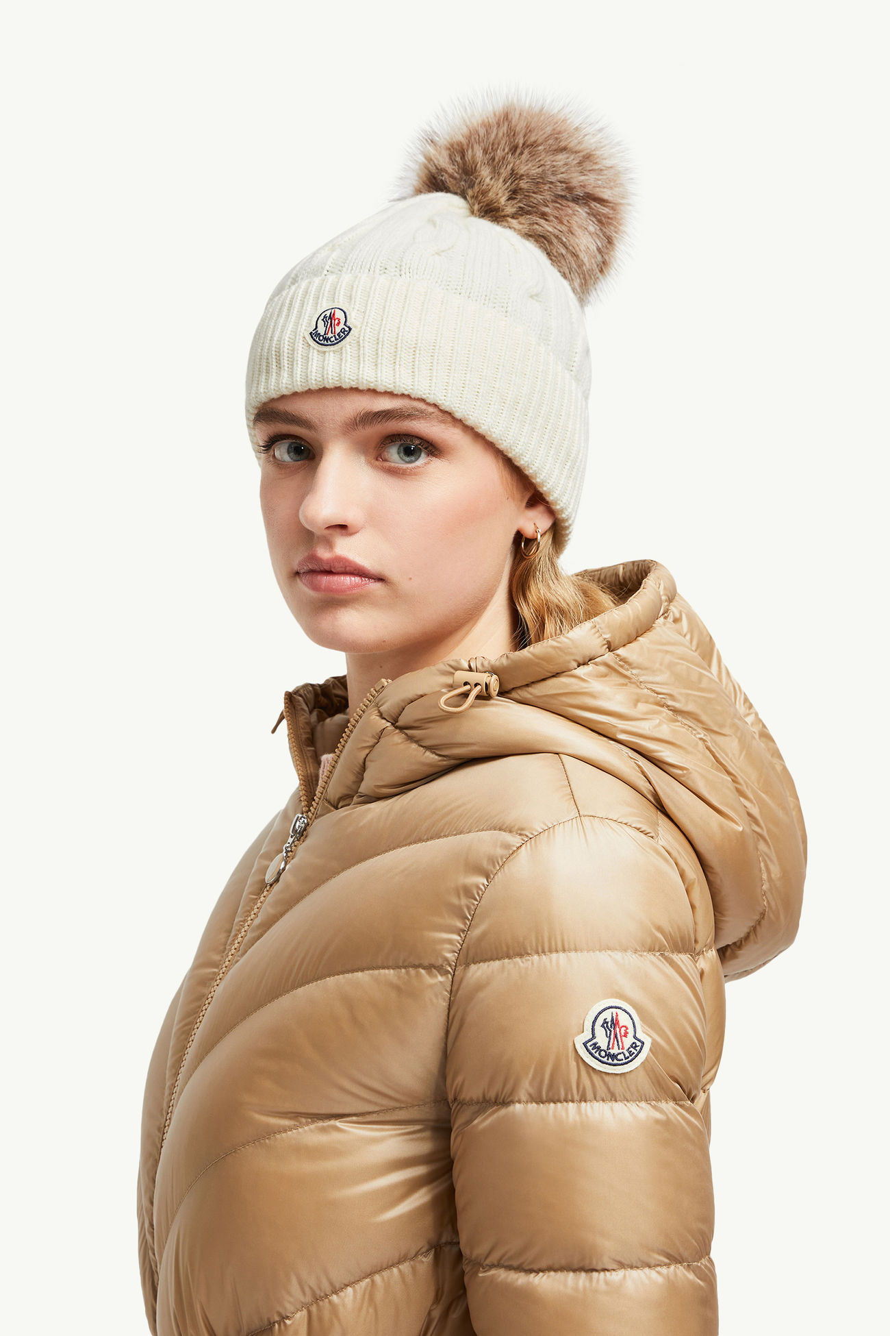 Mütze aus Wolle und Kaschmir mit Bommel aus Kunstpelz Damen Weiß Moncler 1