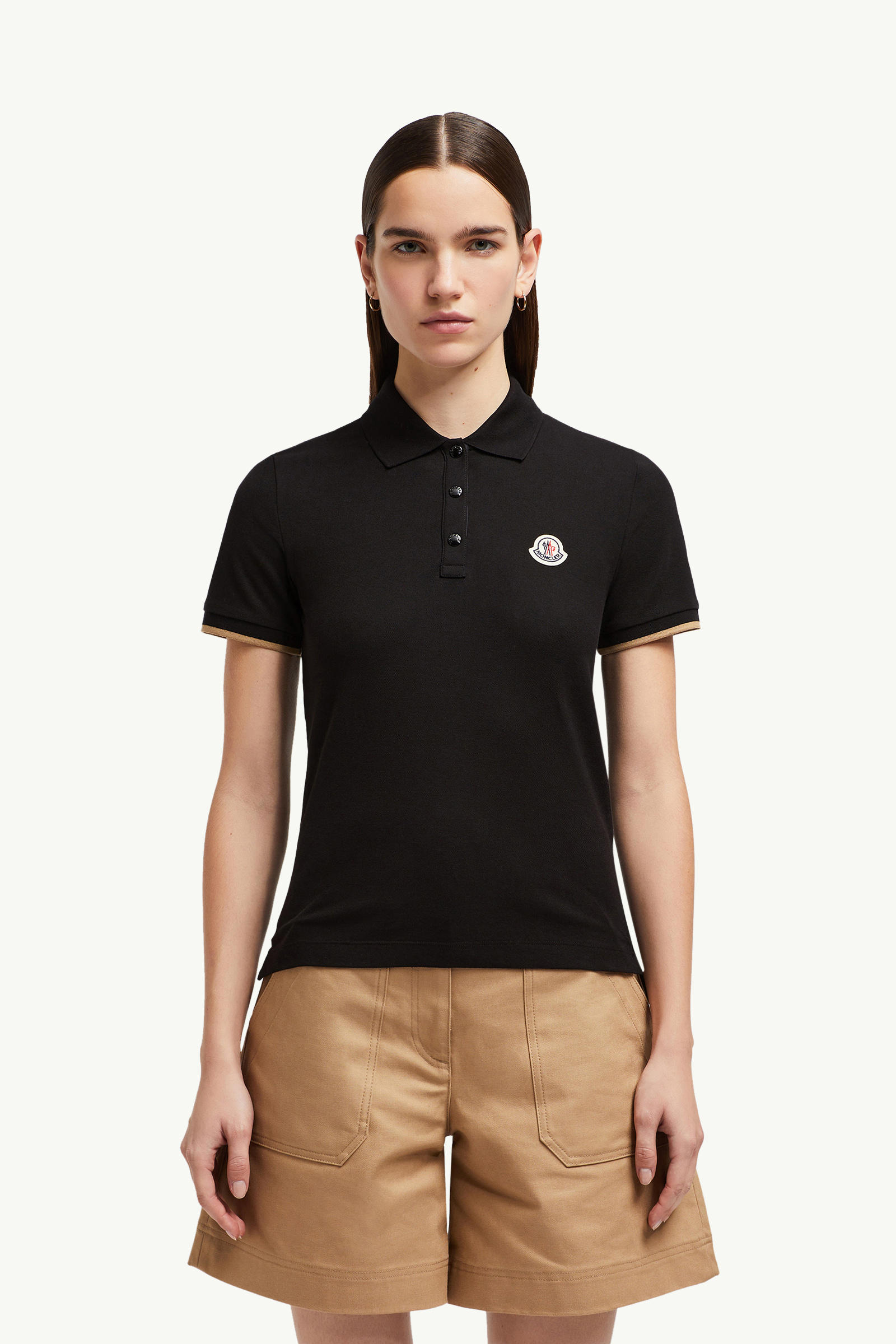 Polo in cotone piquet con patch logato Donna Nero Moncler 0