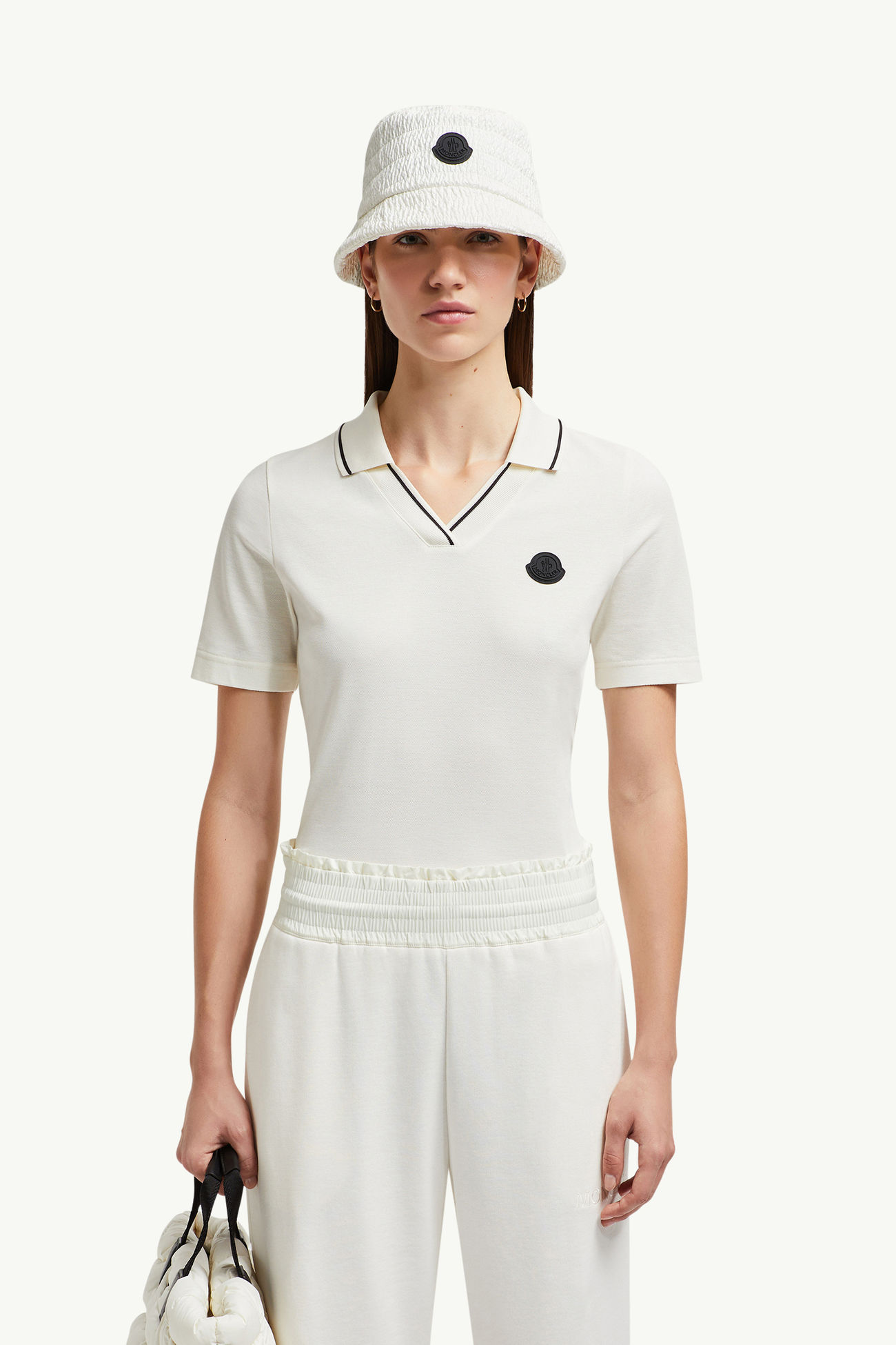 Polo in piquet di cotone con patch logato Donna Bianco Moncler 0