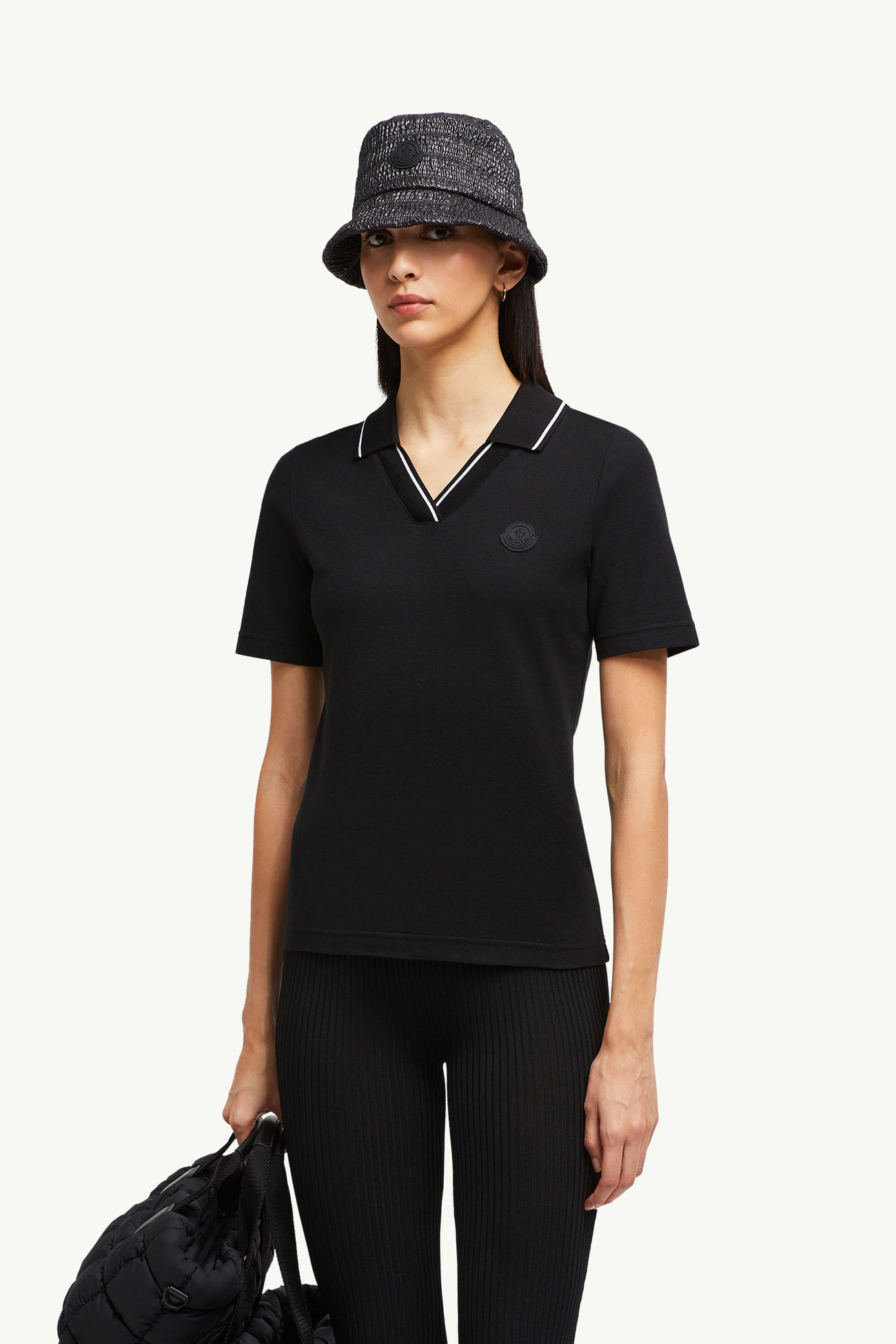 Logo Patch Cotton Piquet Polo Shirt Women Black Moncler 0
