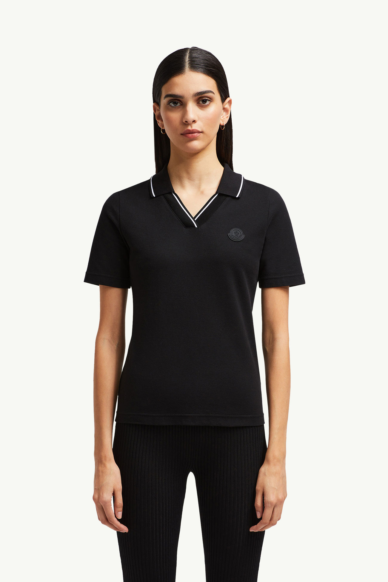 Logo Patch Cotton Piquet Polo Shirt Women Black Moncler 3