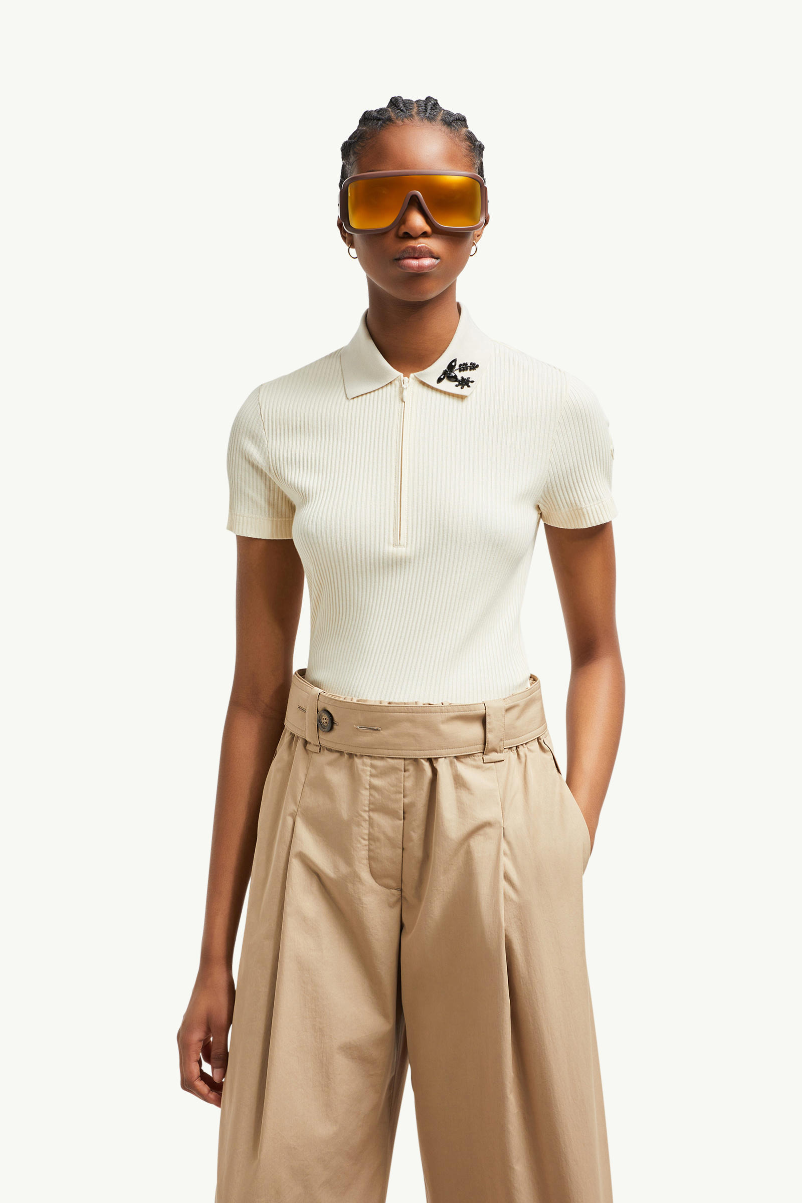 Polo de mezcla de algodón con cuentas aplicadas a mano Mujer Blanco Moncler 0