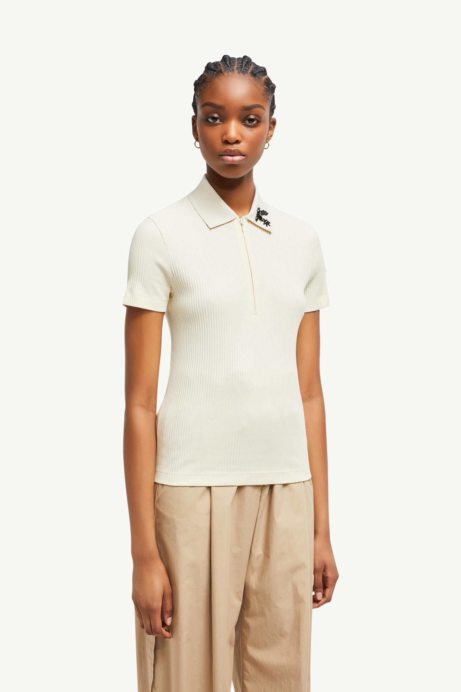 Polo de mezcla de algodón con cuentas aplicadas a mano Mujer Blanco Moncler 3