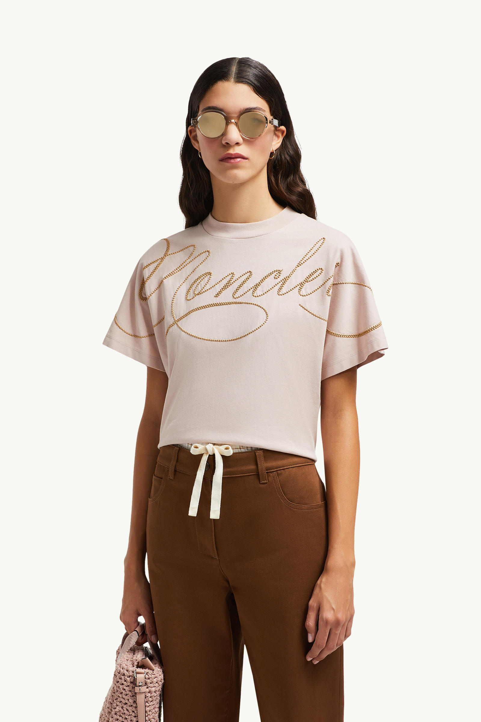 Embroidered Cursive Logo Cotton T-Shirt Women Rose Pink Moncler 0