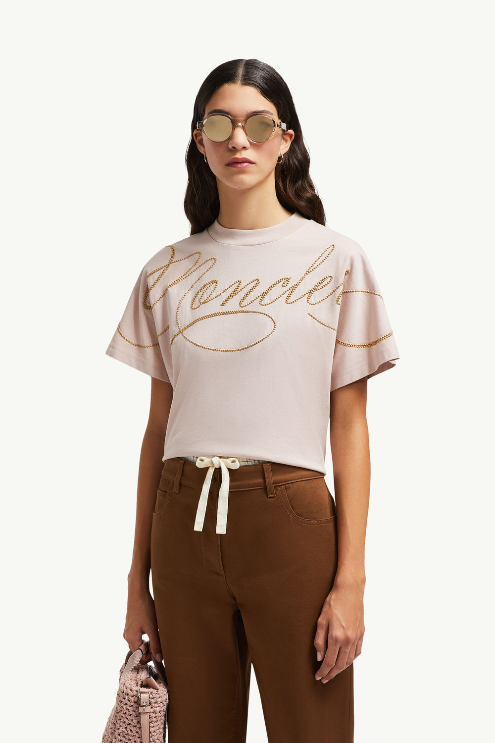 T-shirt en coton à logo lettres cursives brodé Femmes Rose Moncler 0