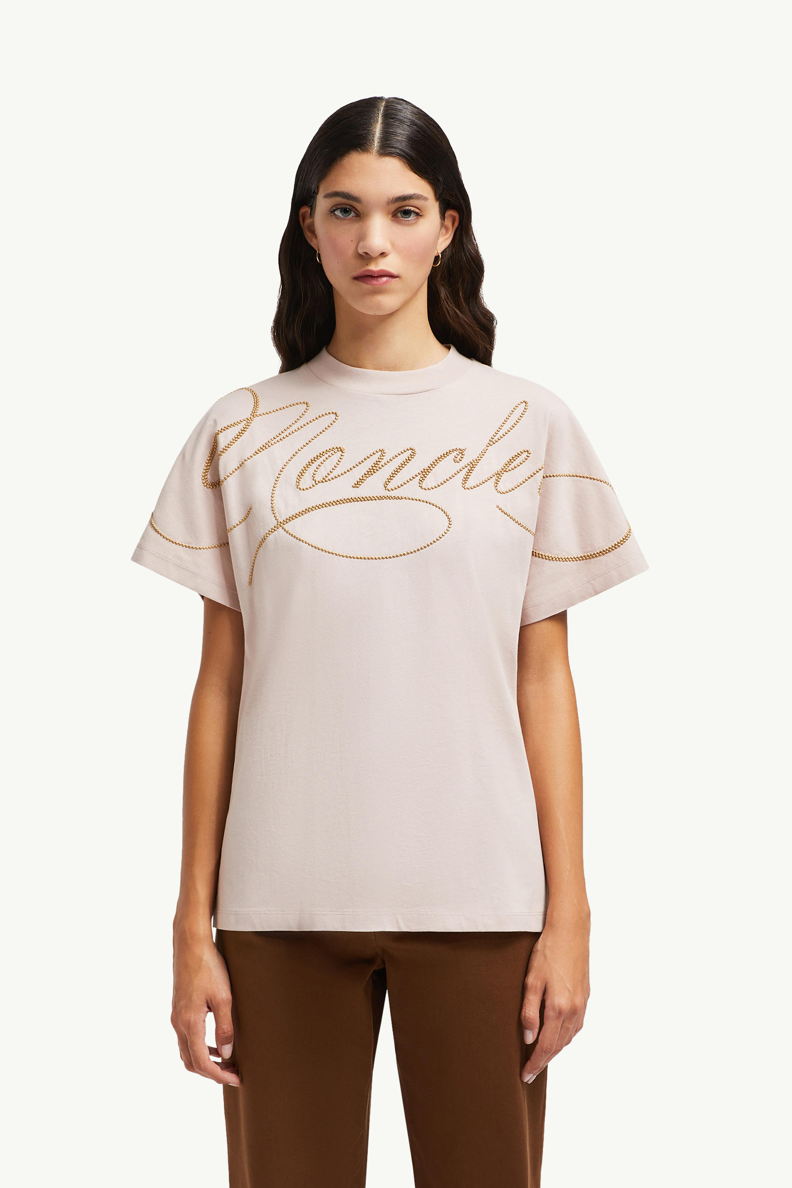 Embroidered Cursive Logo Cotton T-Shirt Women Rose Pink Moncler 3