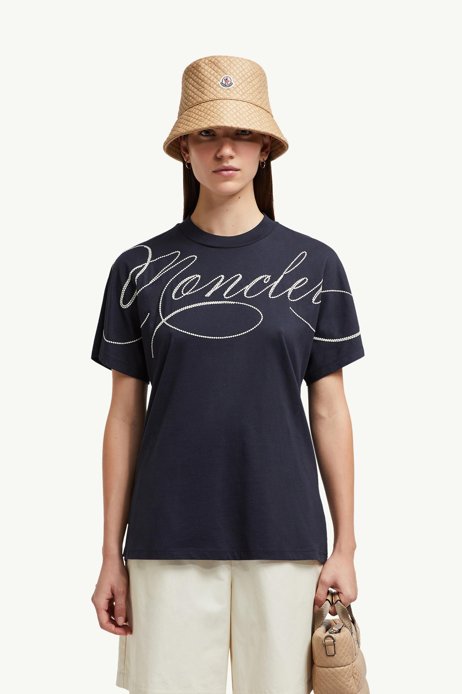 MONCLER ネイビー Tシャツ Navy Blue Embroidered Cursive Logo Cotton T-Shirt - Tops & T