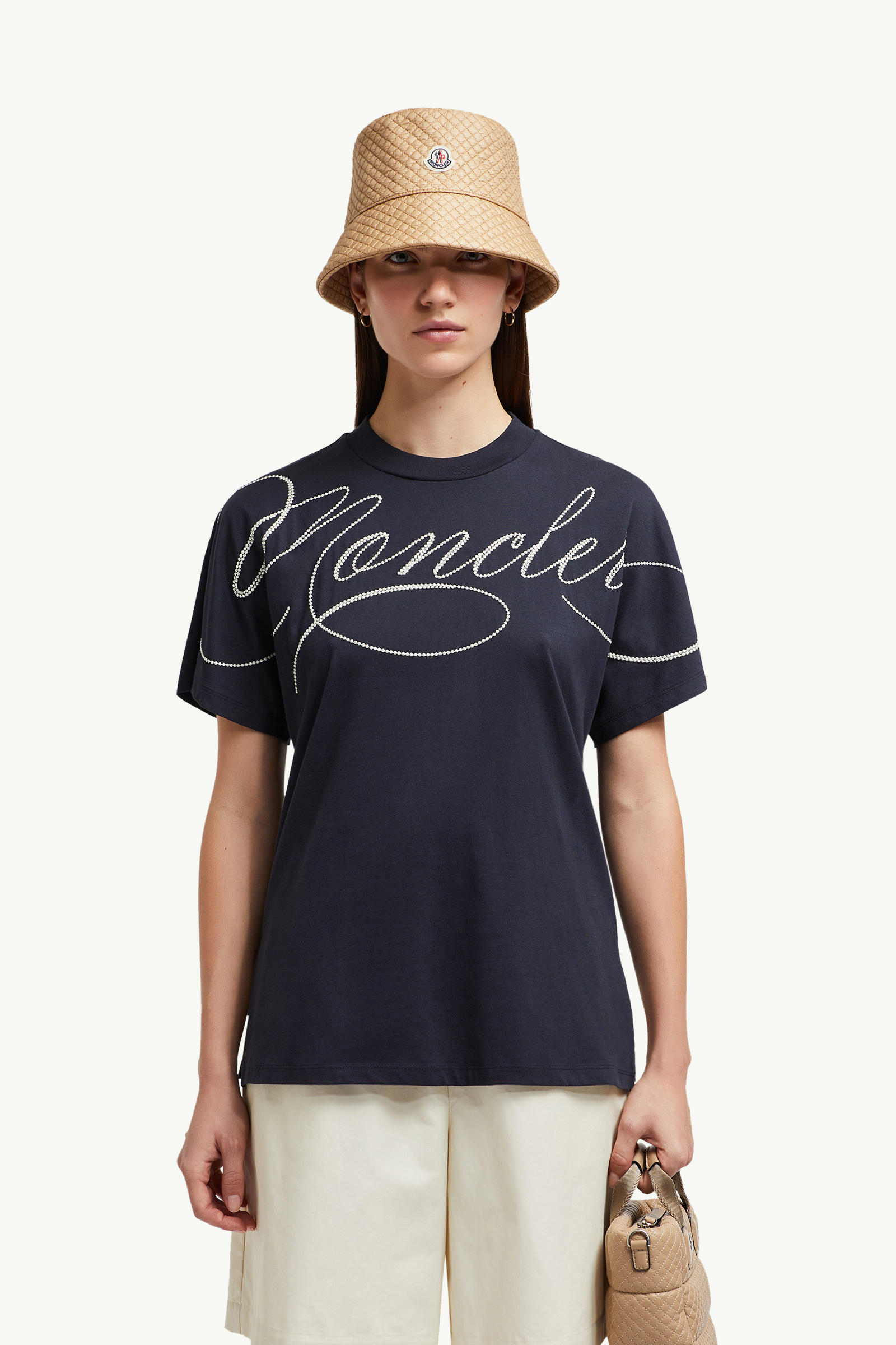 草書刺繡標誌棉質T恤 女士 海軍藍色 Moncler 0