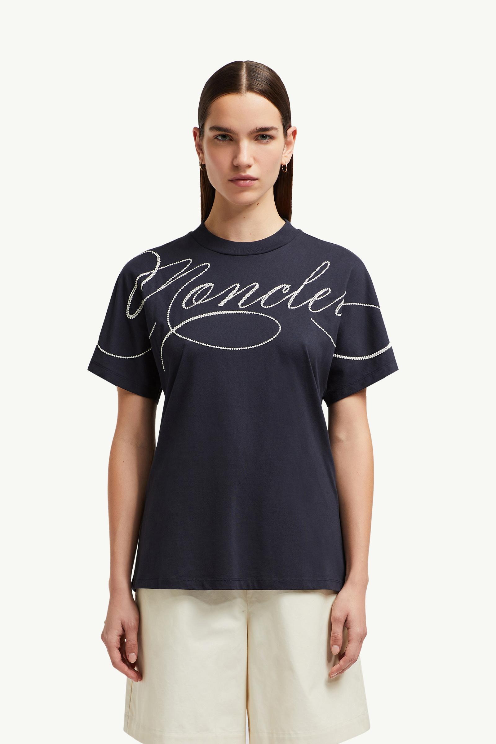Navy Blue Embroidered Cursive Logo Cotton T-Shirt - Tops & T