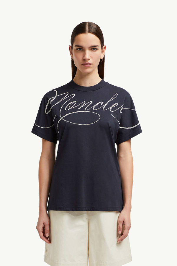 Camiseta de algodón con logotipo en cursiva bordado Mujer Azul marino Moncler 3