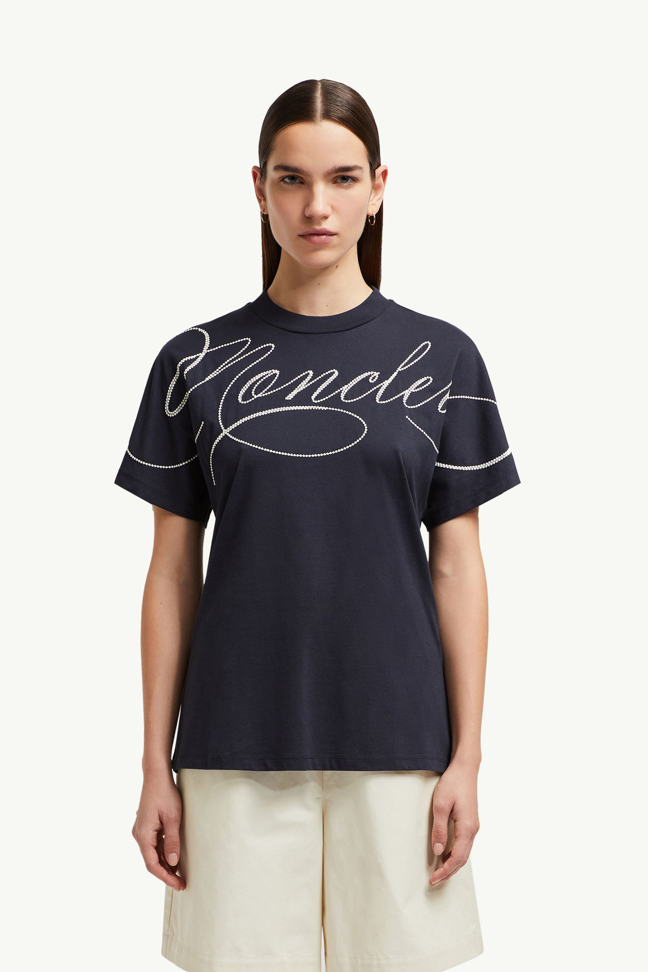 Embroidered Cursive Logo Cotton T-Shirt Women Navy Blue Moncler 3