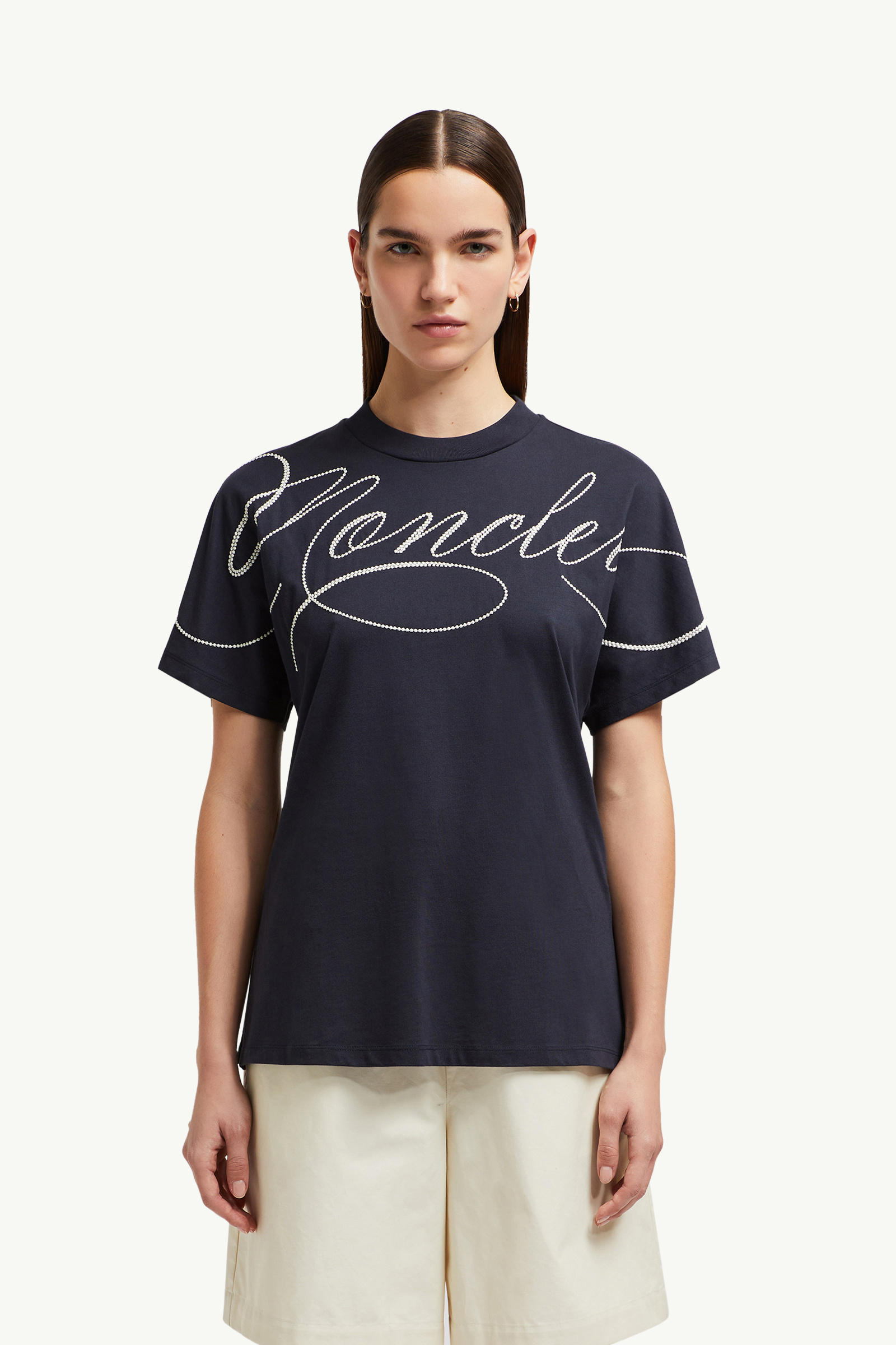 T-shirt in cotone con logo in corsivo ricamato Donna Blu Navy Moncler 3