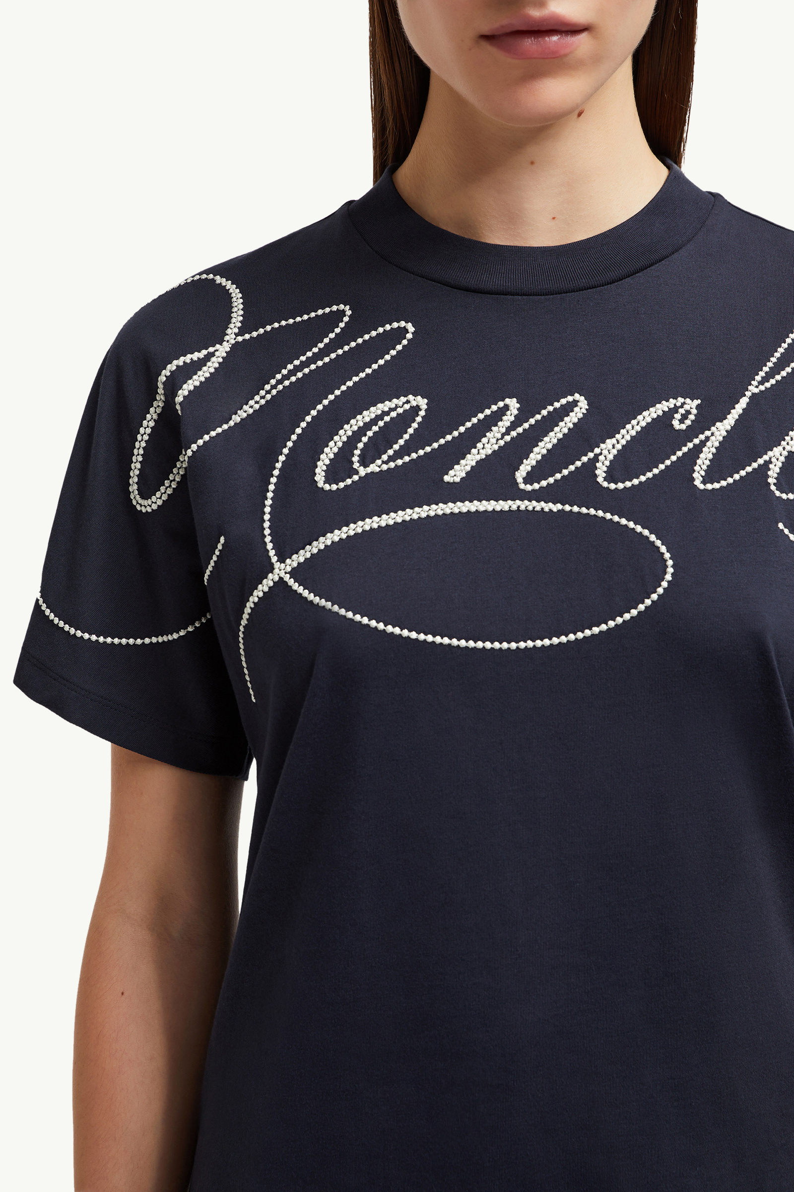 T-shirt in cotone con logo in corsivo ricamato Donna Blu Navy Moncler 5