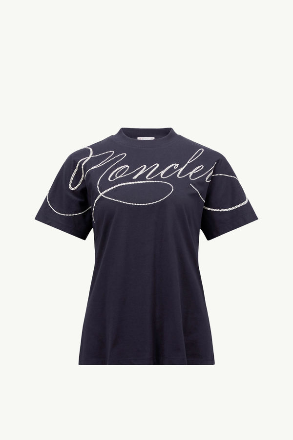 Camiseta de algodón con logotipo en cursiva bordado Mujer Azul marino Moncler 2