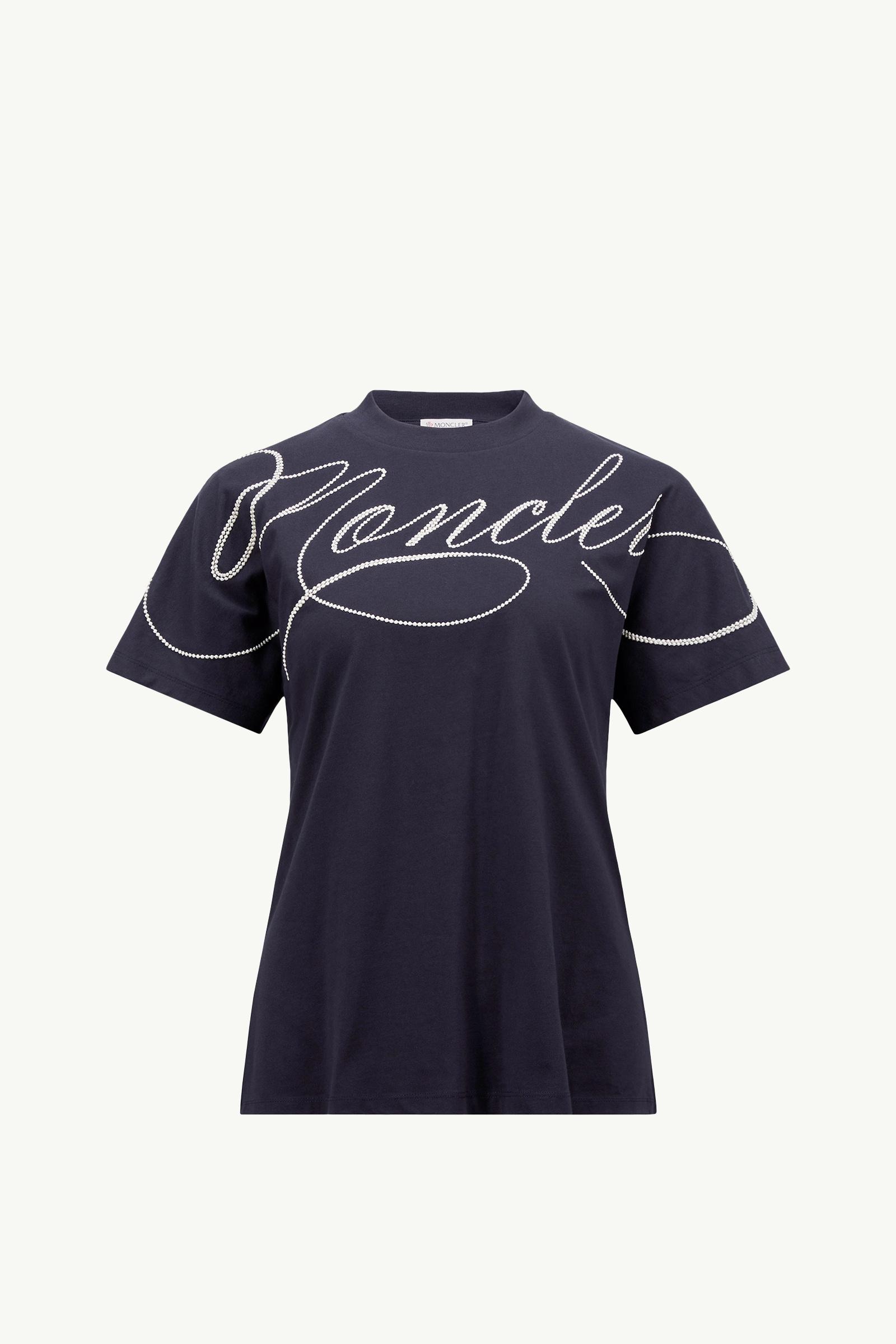 Navy Blue Embroidered Cursive Logo Cotton T-Shirt - Tops & T