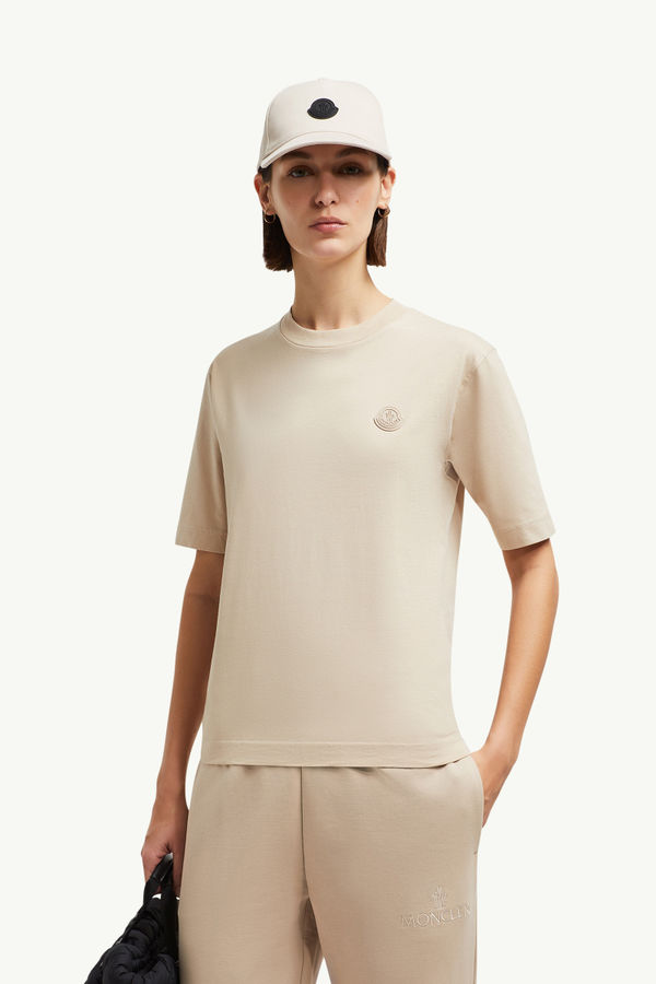Silicone Logo Patch Cotton T-Shirt Women Sand Beige Moncler 0