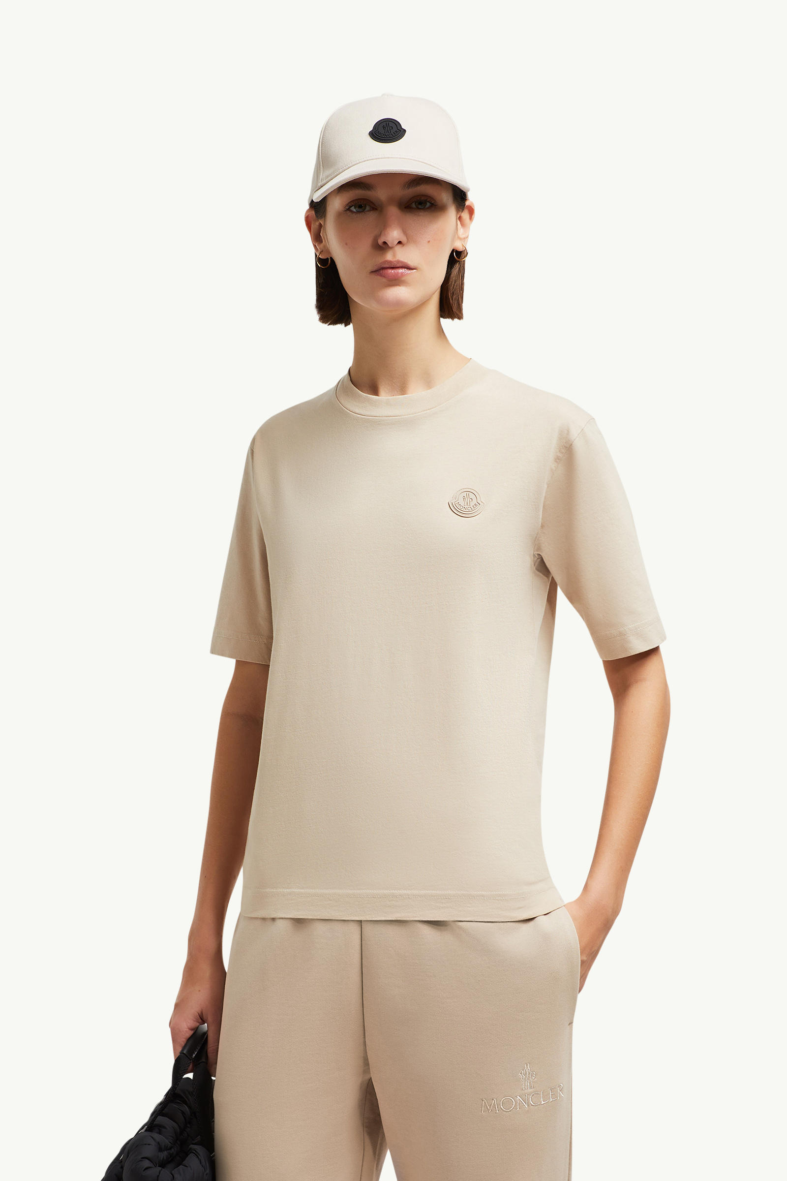 Silicone Logo Patch Cotton T-Shirt Women Sand Beige Moncler 0