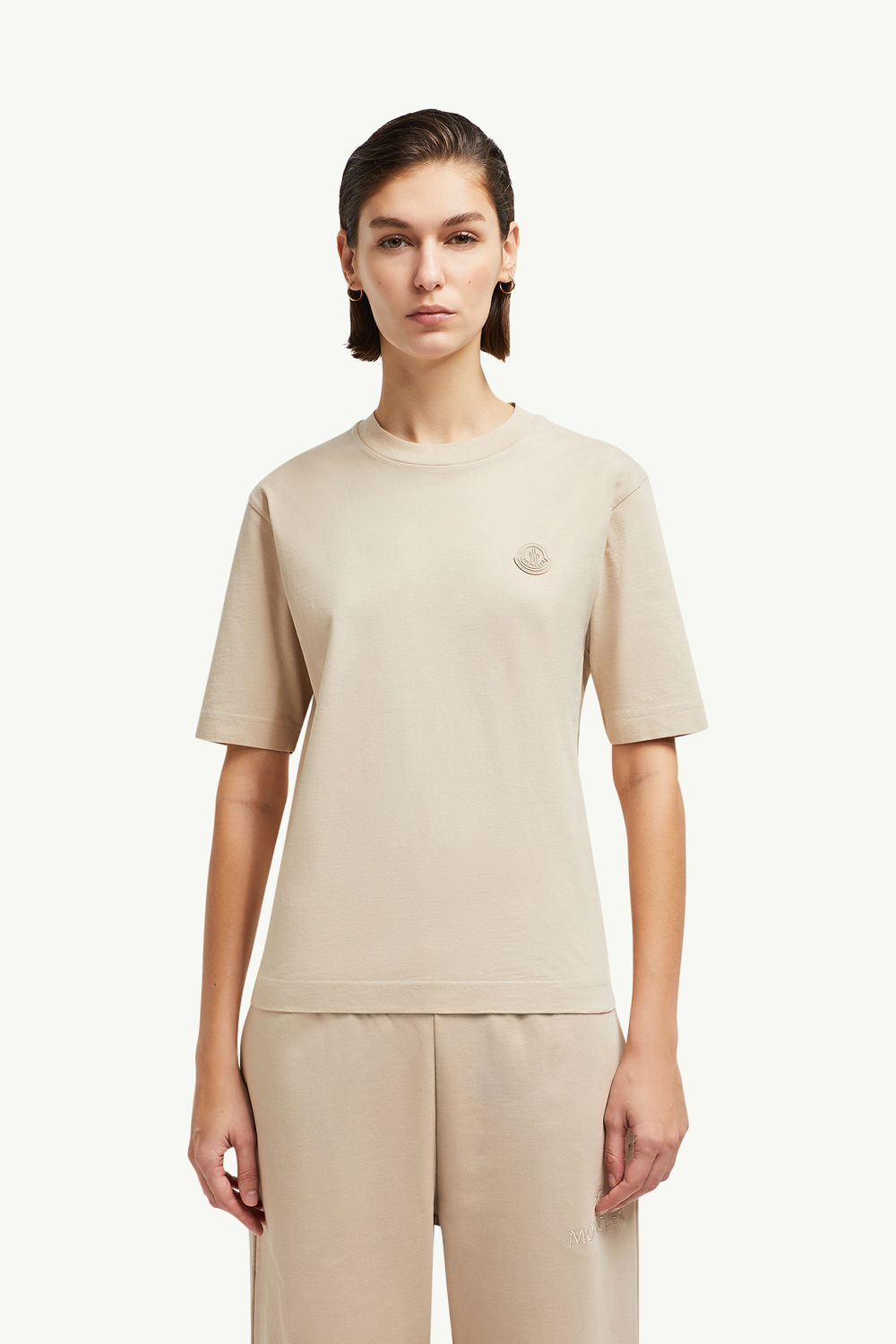 Silicone Logo Patch Cotton T-Shirt Women Sand Beige Moncler 3