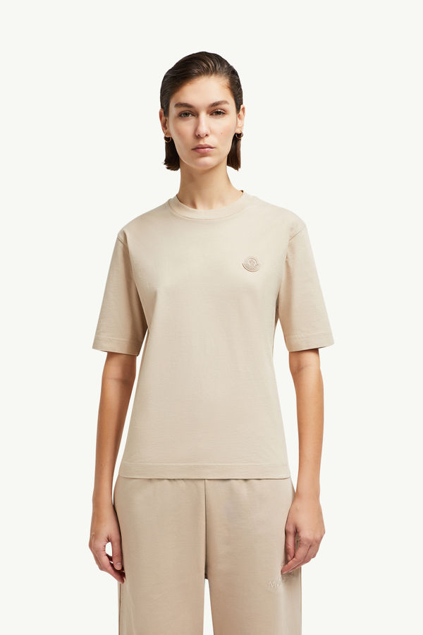 Silicone Logo Patch Cotton T-Shirt Women Sand Beige Moncler 3