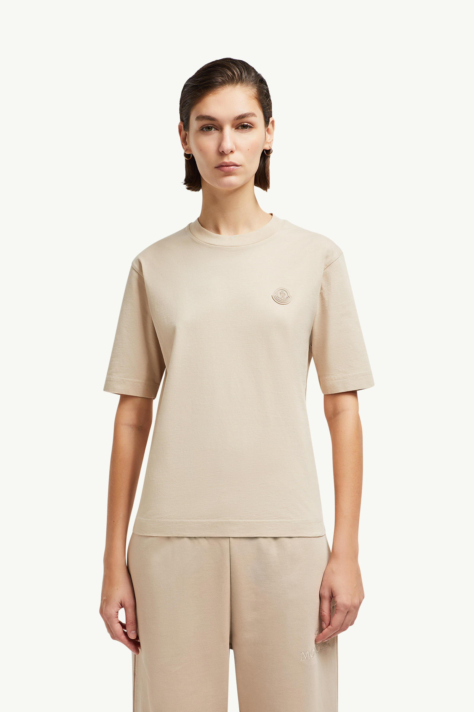 Silicone Logo Patch Cotton T-Shirt Women Sand Beige Moncler 3