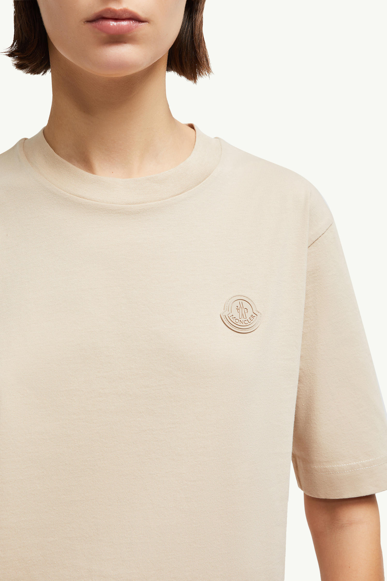 Silicone Logo Patch Cotton T-Shirt Women Sand Beige Moncler 5