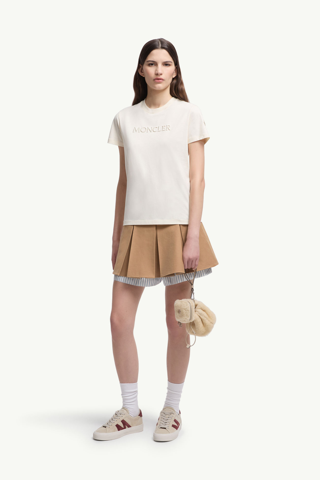 Besticktes T-Shirt aus Baumwolle mit farblich passendem Logo Damen Weiß-Elfenbein Moncler 0