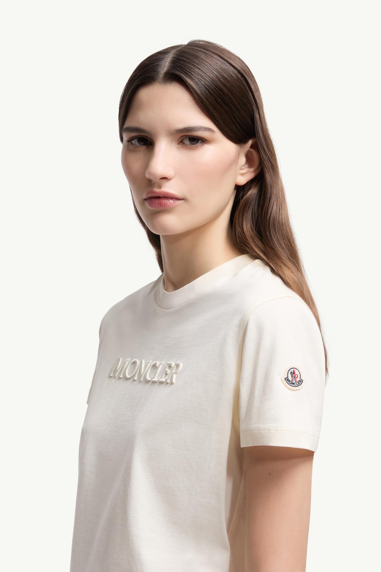 Embroidered Tonal Logo Cotton T-Shirt Women White Ivory Moncler 1