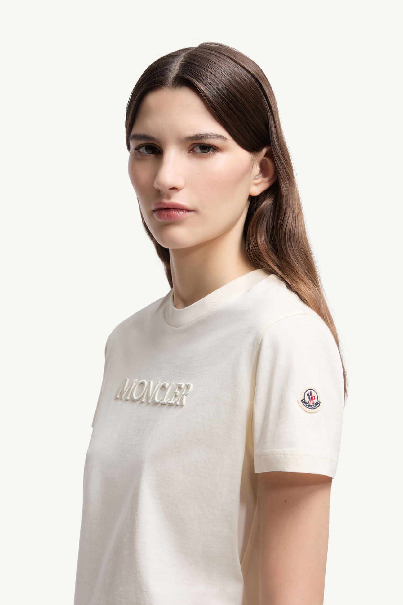 Besticktes T-Shirt aus Baumwolle mit farblich passendem Logo Damen Weiß-Elfenbein Moncler 1