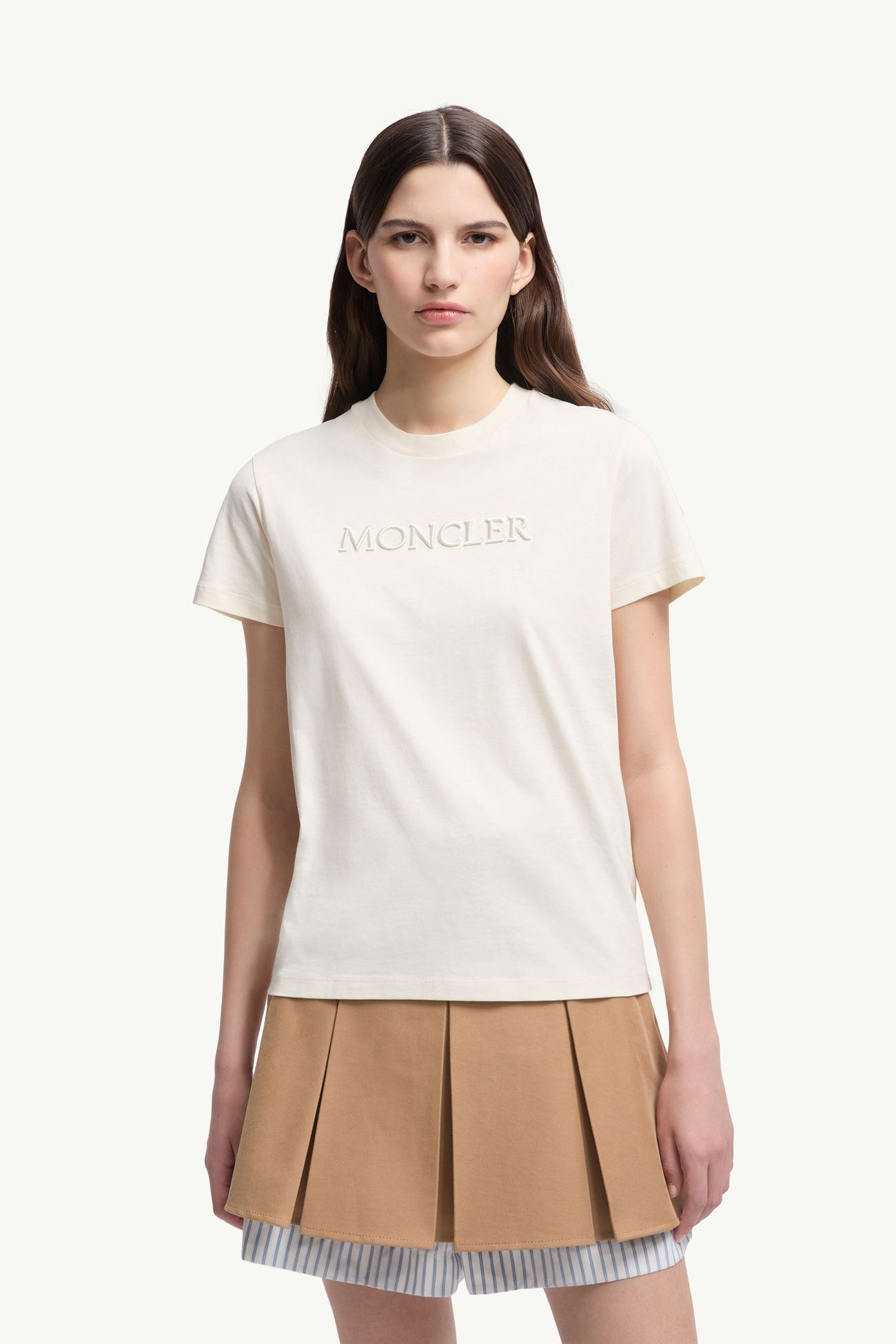 Besticktes T-Shirt aus Baumwolle mit farblich passendem Logo Damen Weiß-Elfenbein Moncler 3