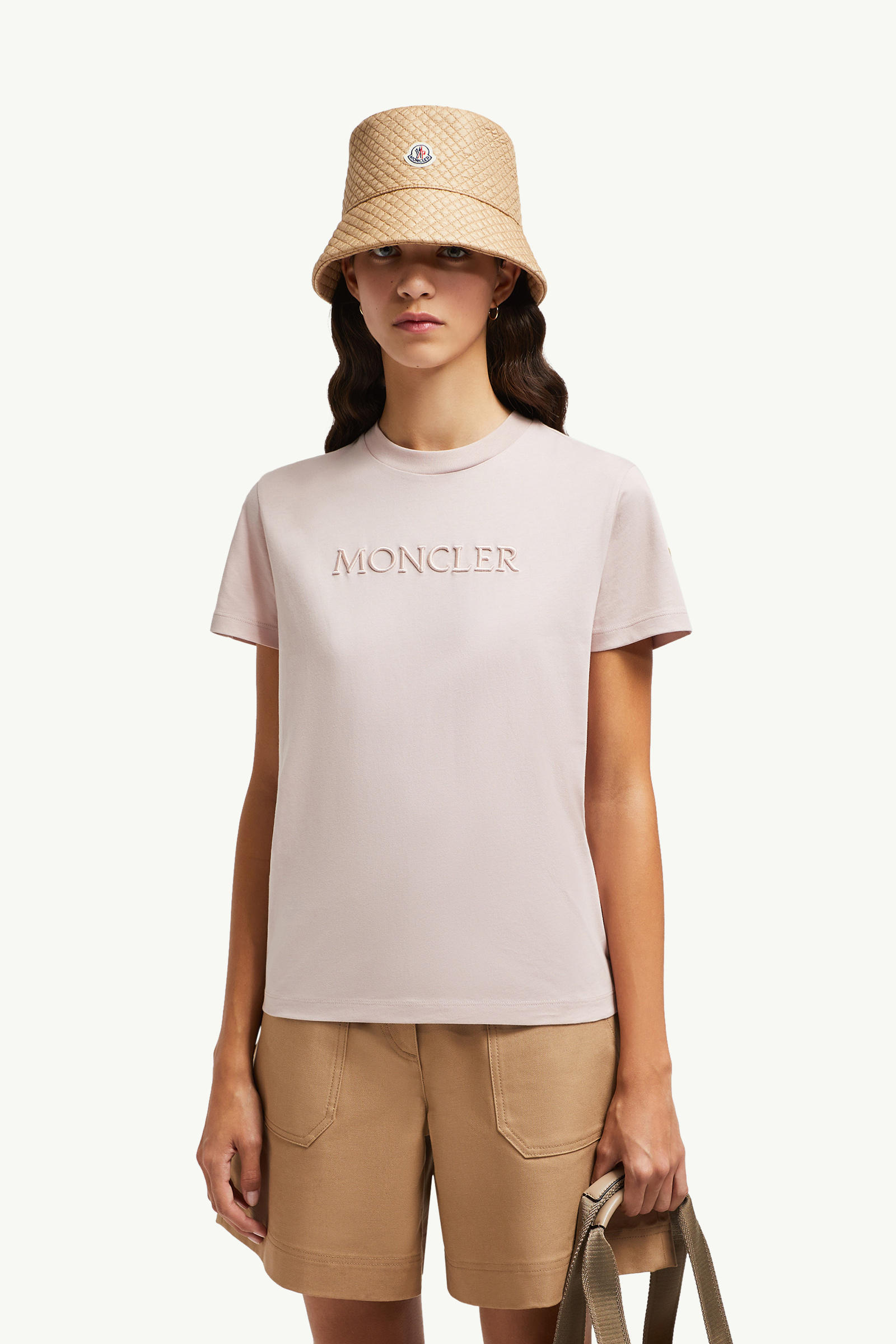 Embroidered Tonal Logo Cotton T-Shirt Women Pink Moncler 0