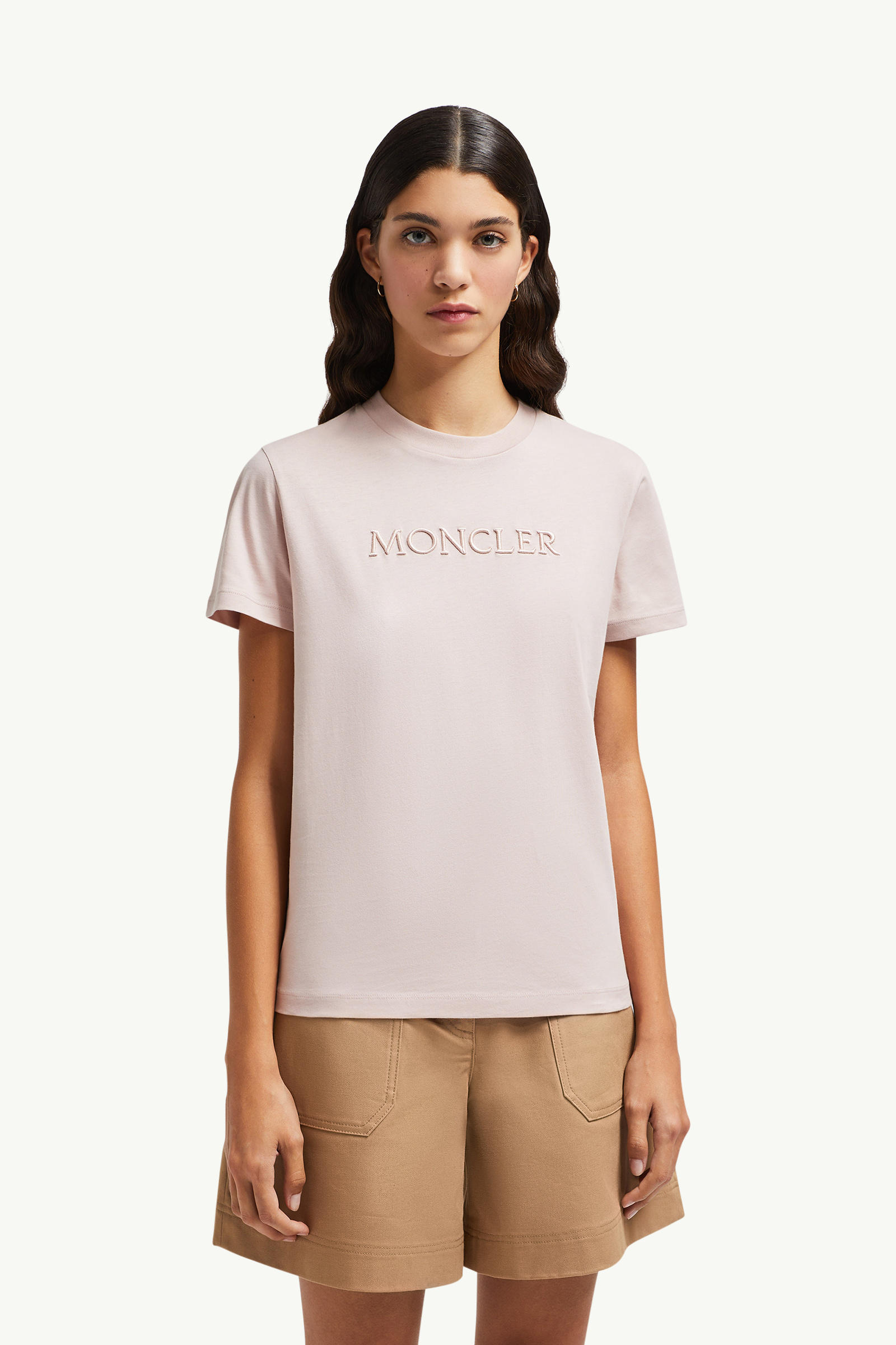 Embroidered Tonal Logo Cotton T-Shirt Women Pink Moncler 3
