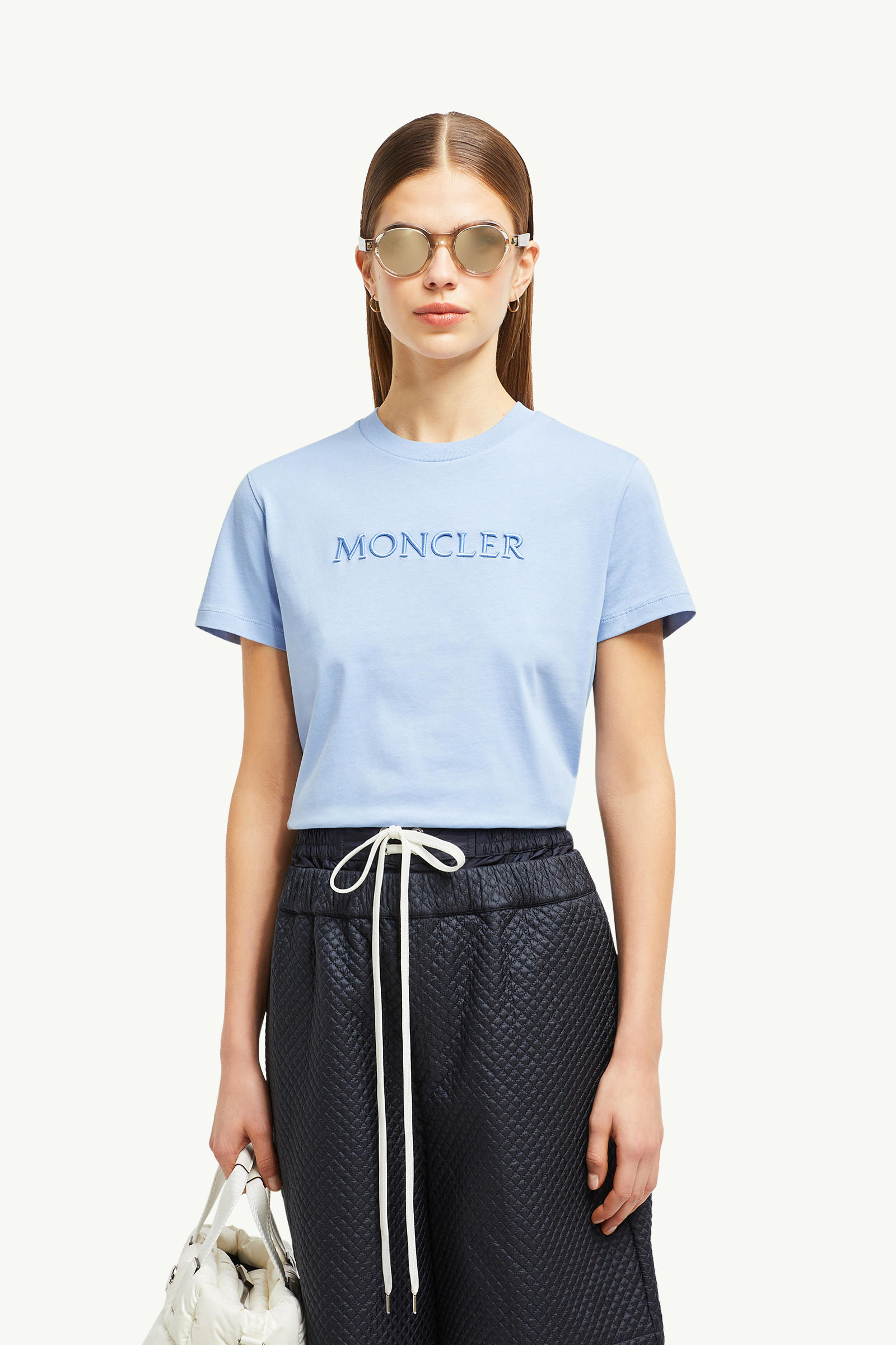 Embroidered Tonal Logo Cotton T-Shirt Women Light Blue Moncler 0