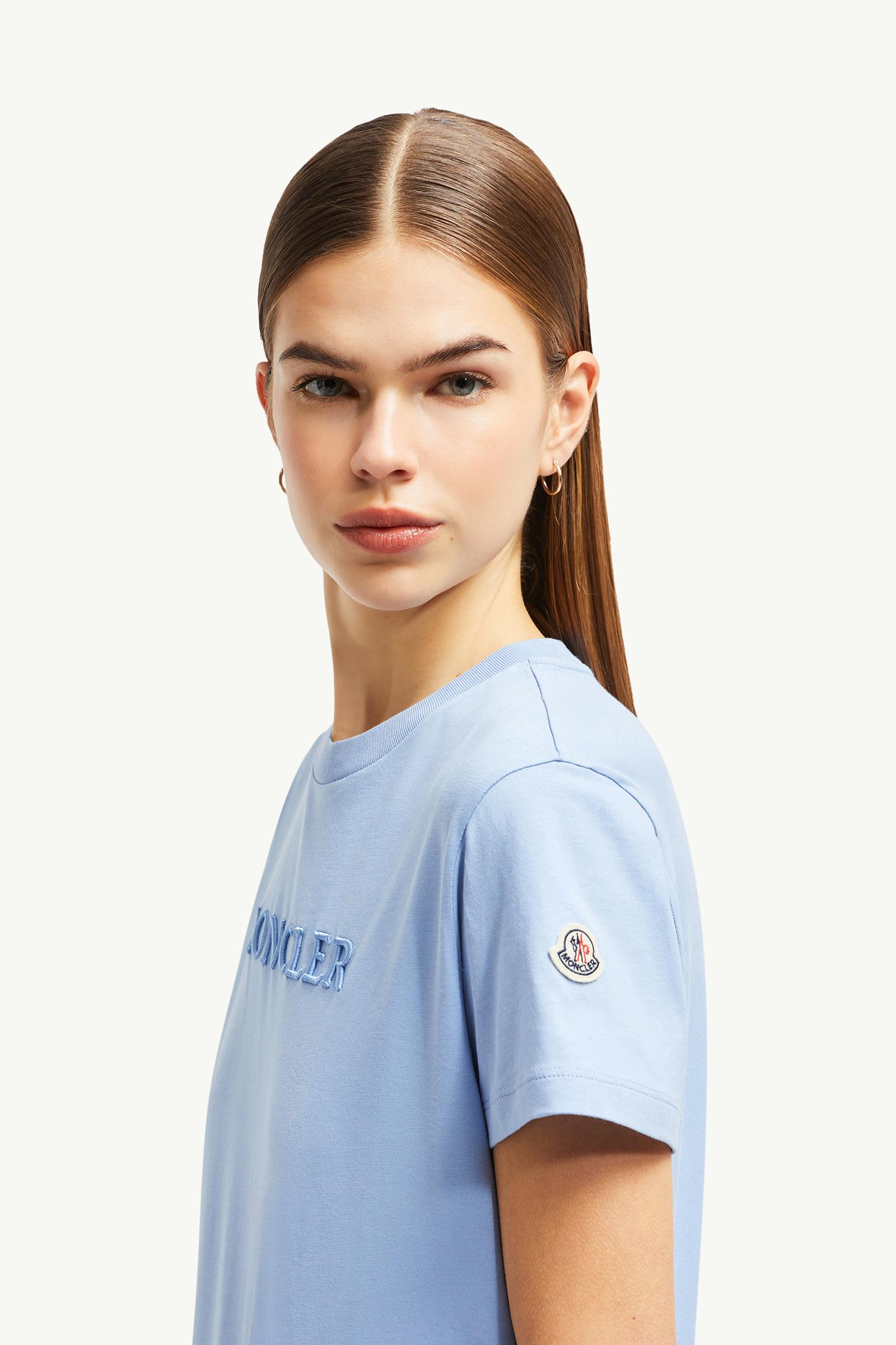 Embroidered Tonal Logo Cotton T-Shirt Women Light Blue Moncler 1