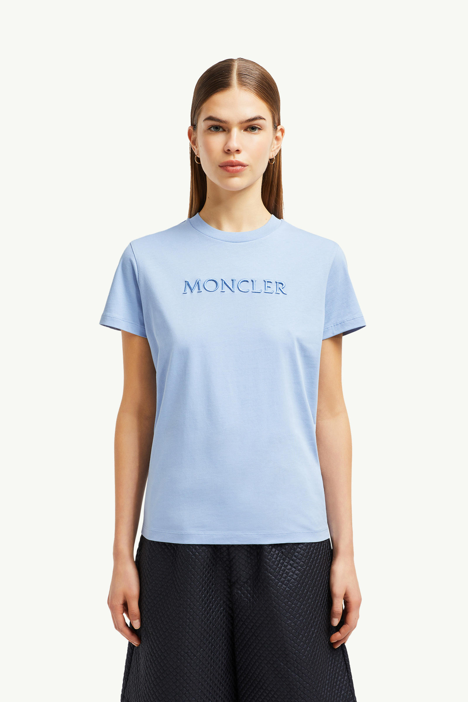 Embroidered Tonal Logo Cotton T-Shirt Women Light Blue Moncler 3