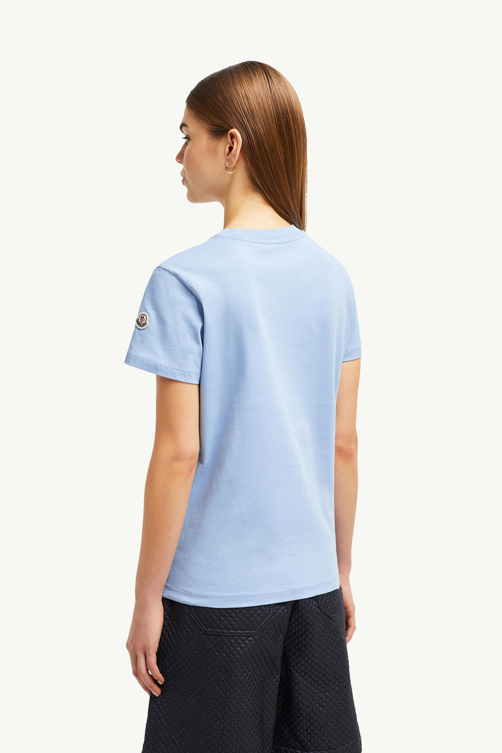 Embroidered Tonal Logo Cotton T-Shirt Women Light Blue Moncler 4
