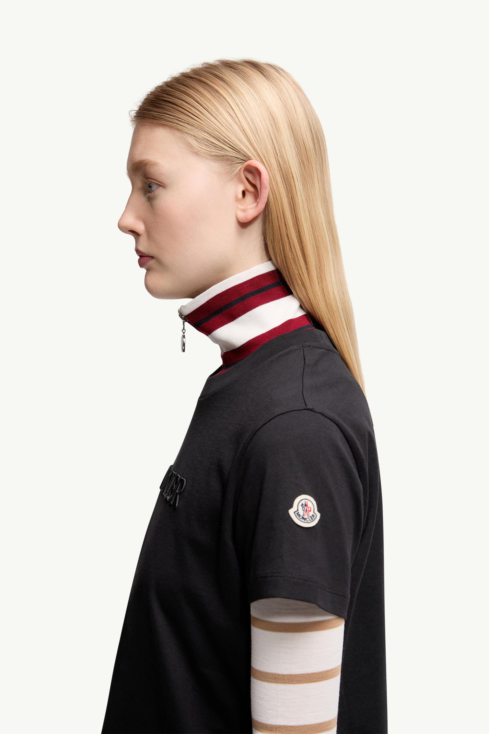 Embroidered Tonal Logo Cotton T-Shirt Women Black Moncler 1