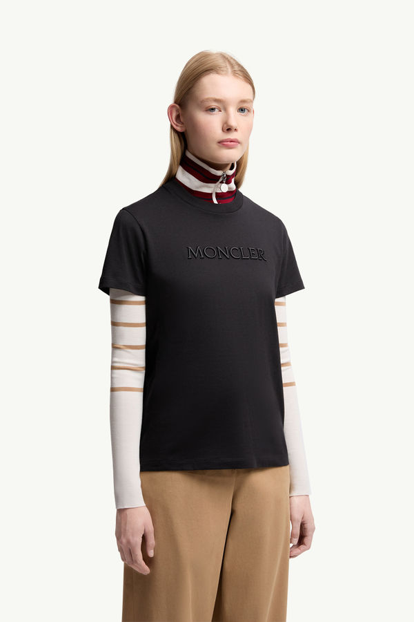 Besticktes T-Shirt aus Baumwolle mit farblich passendem Logo Damen Schwarz Moncler 3